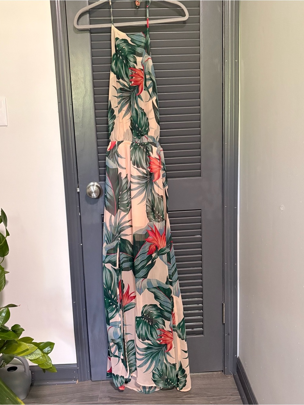 Show Me Your MuMu Cream Halter Maxi with Green and Coral Tropical Print